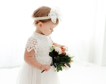 White Lace Christening Gown, Infant Baptism Dress, Unique Baby Boho Dress, Flower Girl Dress