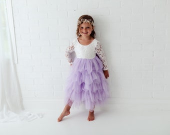 Lilac Spring Dress, White Lace Flower Girl Dress, Lavender Purple Tulle Dresses, Boho Beach Dress