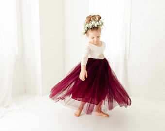 Burgundy Tulle Long Sleeve Wedding, White Lace Flower Girl Dress, Floor Length Maroon Dress, Wine Tulle