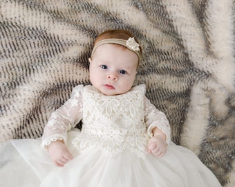 Rustic Ivory Flower Girl Dress, Boho Tulle Wedding Dress, Long Sleeve Lace Dress, Bohemian Christening Gown, Baptism Dress