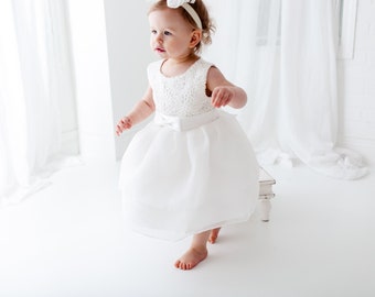 Satin Christening Gown, Newborn Baby Baptism Dress, Tulle Flower Girl Dresses