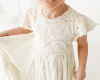 Boho Ivory Lace Flower Girl Dress, Rustic Wedding Gown, Will You Be My Flower Girl Proposal, Infant Bohemian Dresses