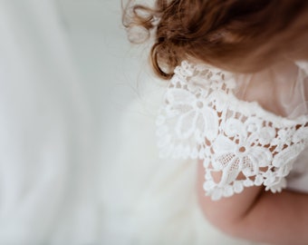 Ivory Lace Flower Girl Dress, Champagne Tulle Wedding Dress, Floor Length Rustic Boho Baby Dress