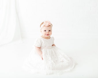 White Lace Christening Gown, Infant Baby Girl Baptism Dress, Unique Baby Boho Dress, Flower Girl