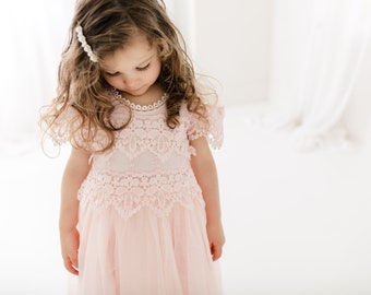 Boho Lace Flower Girl Dress, Blush Pink Wedding Dress, Bohemian Toddler Tulle Dress-- Sienna