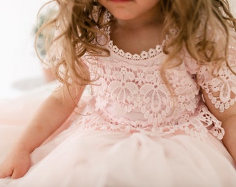 Blush Long Flower Girl Dress, Pink Tulle Wedding Dress, Beach Wedding, Country Wedding Dress