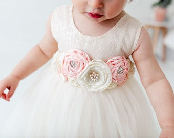 Boho Ivory Flower Girl Dress, Cream Tulle Baby Princess Dress, Floor Length Dress