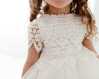 Robe de fille à fleurs blanches Boho, robe de mariée en tulle rustique, Will You Be My Flower Girl Proposition, robes Boho