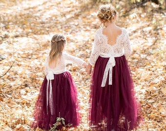 White Lace Flower Girl Dress, Wine Tulle Long Sleeve Wedding Gown, Floor Length Burgundy Merlot Dress