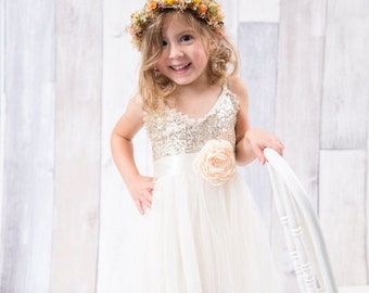 Boho Flower Girl Dress, Girls Gold Sequin Flower Girl Dresses, Will You Be My Flower Girl