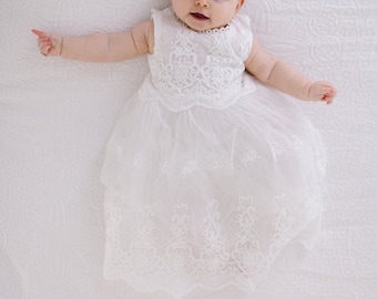 White Newborn Baby Dress, Infant Christening Gown,  Lace Flower Girl Dress, Boho Chic, 3 months - 24 months, Baptism, Birthday Party