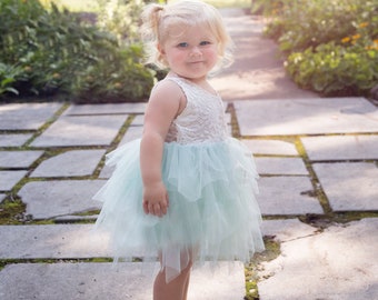 Mint Green Girls Summer Dress, White Lace Flower Girl Dress, Boho Floral Dress