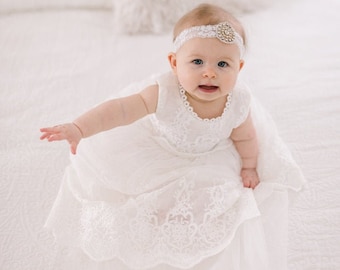 White Newborn Christening Gown, Lace Baby Dress, Boho Chic Flower Girl Outfit, Baptism, Birthday, Infant 3-24 Months