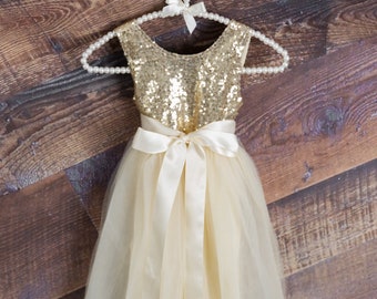 Romantic Gold Sequin Flower Girl Dress, Elegant Ivory Tulle Floor Length Wedding Gown, Elegant Boho Chic Beach Wedding, Bohemian Birthday