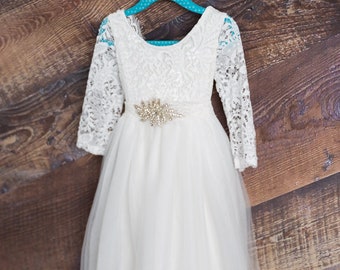 Floor Length Flower Girl Dress, Long Sleeve Wedding Gown, White Tulle Communion Dress