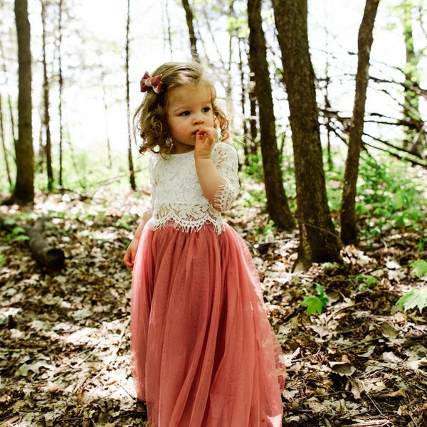 Dusty Rose Tulle Deux Pièces Jupe, White Lace Flower Girl Robe, Beach Wedding, Mauve Tulle Skirt