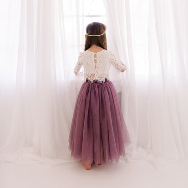 Lilac Purple Tulle Two Piece Skirt, White Lace Flower Girl Dress, Boho Beach Wedding, Buttons, Bohemian, Amethyst, Orchid, Mauve, Violet