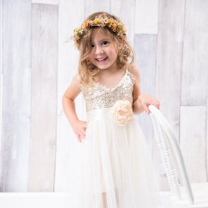 Boho Flower Girl Dress, Girls Gold Sequin Flower Girl Dresses, Will You Be My Flower Girl