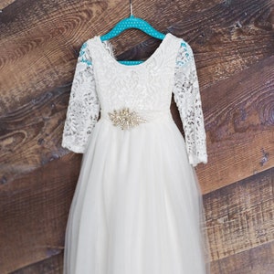 Floor Length Flower Girl Dress, Long Sleeve Wedding Gown, White Tulle Communion Dress