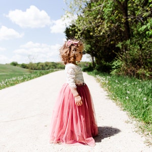 White Lace Flower Girl Dress, Dusty Rose Two Piece High Waisted Tulle Skirt, Mauve Girls Dresses