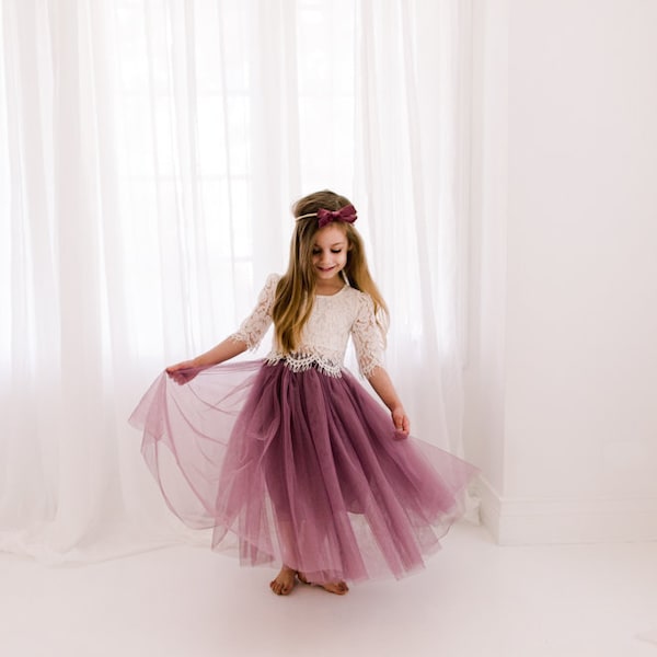 Lilac Orchid Tulle Two Piece Skirt, White Lace Flower Girl Dress, Boho Beach Wedding, Buttons, Bohemian, Amethyst, Purple, Mauve, Violet