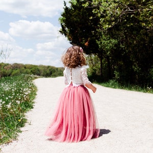 Mauve Tulle Two Piece High Waisted Skirt, White Lace Flower Girl Dress, Dusty Rose Boho Beach Wedding, Buttons, Bohemian, Desert  Blush Pink