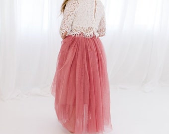 Dusty Rose Mauve Tulle Two Piece Skirt, White Lace Flower Girl Dress, Boho Beach Wedding, Buttons, Bohemian, Blush Pink, Desert Rose