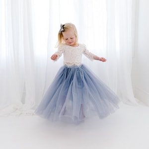 White Lace Flower Girl Dress, Dusty Blue Two Piece Tulle Skirt, High Waisted Boho Girls Dress