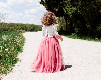 Mauve Tulle Two Piece High Waisted Skirt, White Lace Flower Girl Dress, Dusty Rose Boho Beach Wedding, Buttons, Bohemian, Desert  Blush Pink