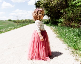 White Lace Flower Girl Dress, Dusty Rose Two Piece High Waisted Tulle Skirt, Mauve Girls Dresses