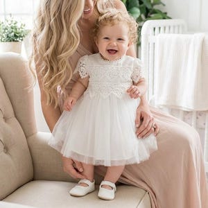 Leah Lace Christening Gown, White Baptism & Flower Girl Dress, Boho Linen Style Baby Blessing Outfit image 1