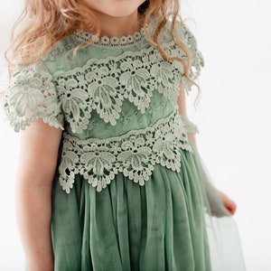 Boho Sage Lace Flower Girl Dress, Romantic Green Toddler Tulle Wedding Gown, Rustic Mint Crochet, Bohemian, Eucalyptus