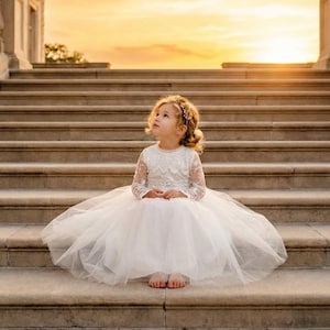 Long Sleeve White Lace Flower Girl Dress, Bohemian Tulle Christening Gown for Baby Girl, Baby Baptism Outfit image 1