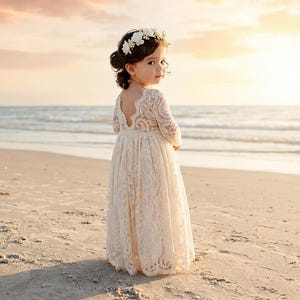 Cream Boho Lace Flower Girl Dress, Tulle Bohemian Wedding Dress for Girls, Special Occasion Junior Bridesmaid Gown image 1