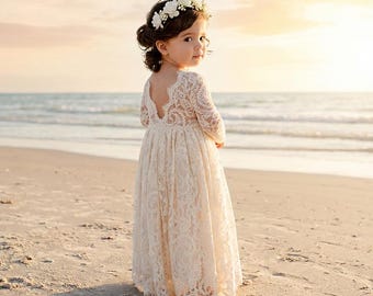 Abito da damigella d'onore in pizzo boho color crema, abito da sposa boho in tulle per bambine, abito da damigella d'onore per occasioni speciali