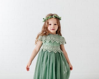 Sage Green Lace Flower Girl Dress, Romantic Moss Toddler Tulle Wedding Gown, Mint Rustic Crochet Bohemian, Eucalyptus