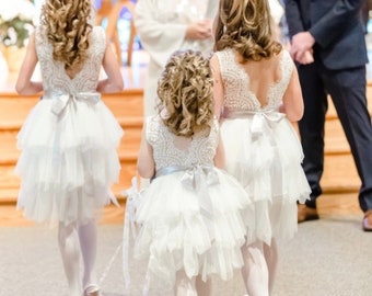 White Tulle Flower Girl Dress, Lace Wedding Gown, Princess Tutu Dress, Romantic Boho Chic, First Communion, Proposal, Birthday