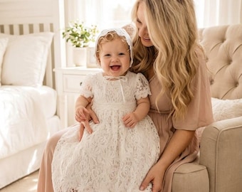 White Baby Girl Christening Gown, Infant Lace Baptism Dress, Boho Blessing Day Outfit, Unique Flower Girl Dress