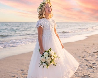 White Bohemian Flower Girl Dress Sienna Style, Lace Tulle Wedding Gown for Girls, Rustic Junior Bridesmaid Outfit
