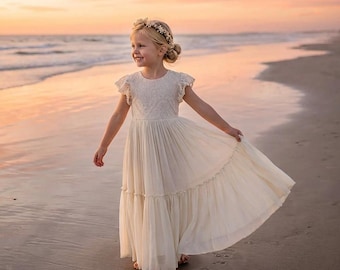 Rustic Ivory Lace Flower Girl Dress, Boho Wedding Dress for Girls, Bohemian Junior Bridesmaid Gown, Country Style Outfit