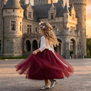 Burgundy Lace Flower Girl Dress, Vintage White Laces Wedding Dresses for Girls, Will You Be My Flower Girl Proposal Outfit image 1