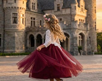 Burgundy Lace Flower Girl Dress, Vintage White Laces Wedding Dresses for Girls, Will You Be My Flower Girl Proposal Outfit
