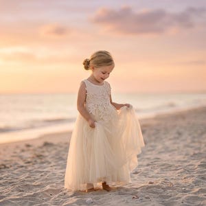 Boho Ivory Flower Girl Dress, Tulle Wedding Dress for Girls, Will You Be My Flower Girl Proposal Outfit, Bohemian Junior Bridesmaid Dress image 1