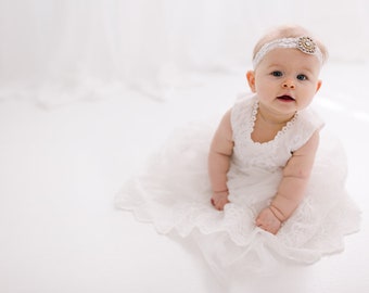 Christening Gown, White Newborn Baby Dress, Newborn Lace Flower Girl Dress, Boho Chic, 3 months - 24 months, Baptism Christening, Birthday