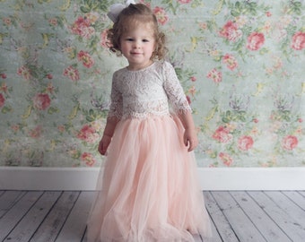 Two Piece Crochet White Lace Flower Girl Dress, Blush Pink Tulle Princess Tutu Skirt, Fairy Boho Beach Wedding, Button, Open Back