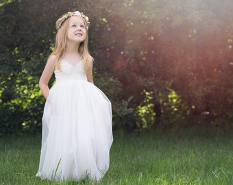 Romantic Tulle Flower Girl Dress, Ivory Rustic Flower Girl Dresses, Boho Chic Baby Dress