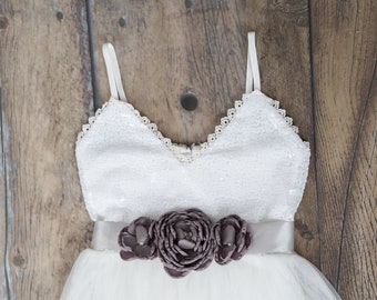 White Tulle Flower Girl Dress, Romantic Sequin Wedding Gown, First Communion, Christening Gown