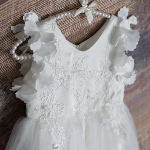 Robe de première communion en dentelle blanche, robes de fille de fleur Boho rustiques, robe de fille de fleur de plage