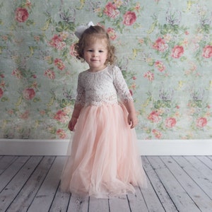 Two Piece Crochet White Lace Flower Girl Dress, Blush Pink Tulle Princess Tutu Skirt, Fairy Boho Beach Wedding, Button, Open Back