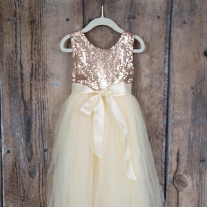 Boho Ivory Flower Girl Dress, Rose Gold Sequin Tulle Wedding Gown, Long Floor Length Ball Gown for Toddlers, Junior Bridesmaid Outfit image 1